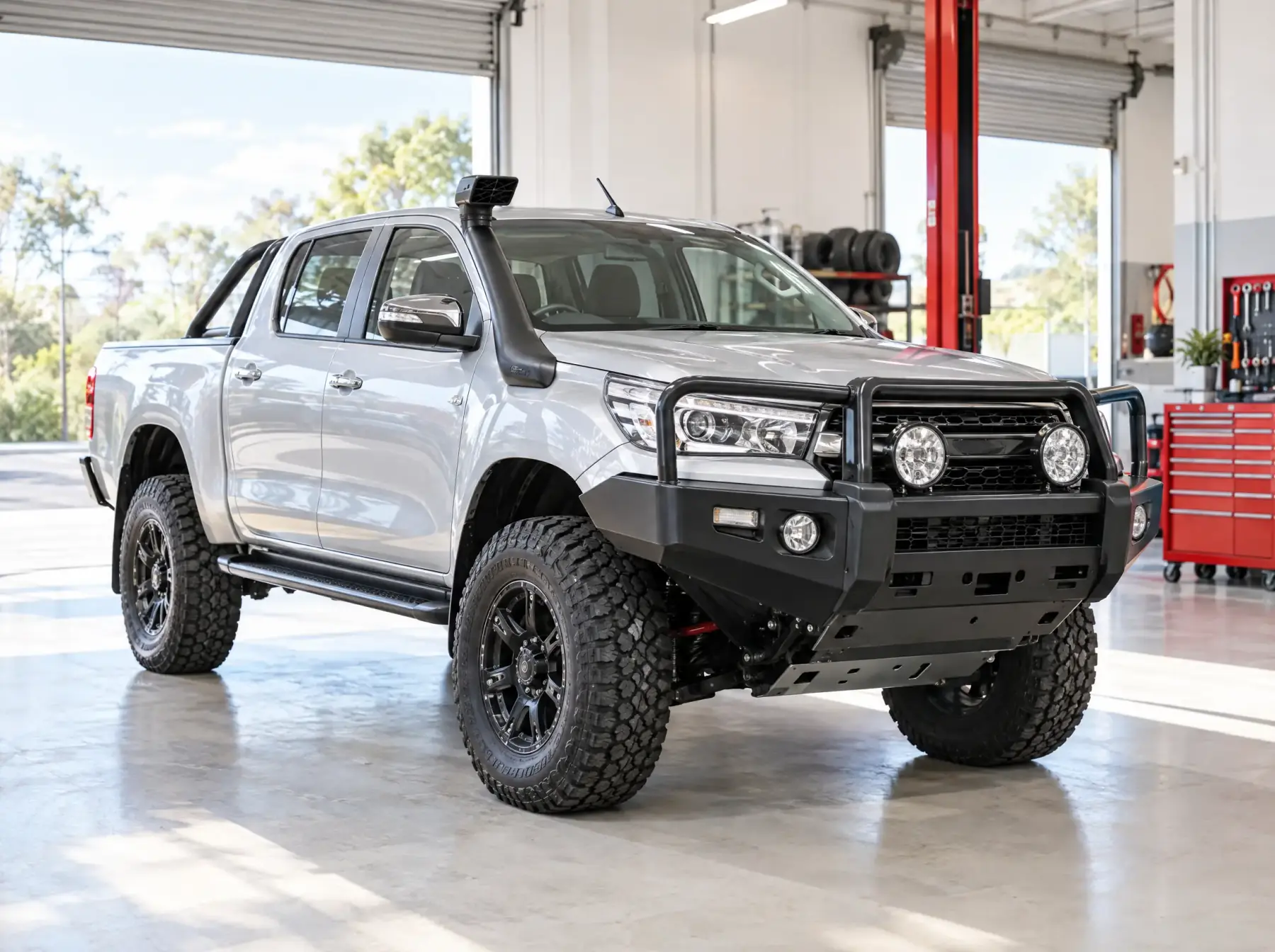 Lifted dual-cab 4WD ute with a bullbar and all-terrain tyres
