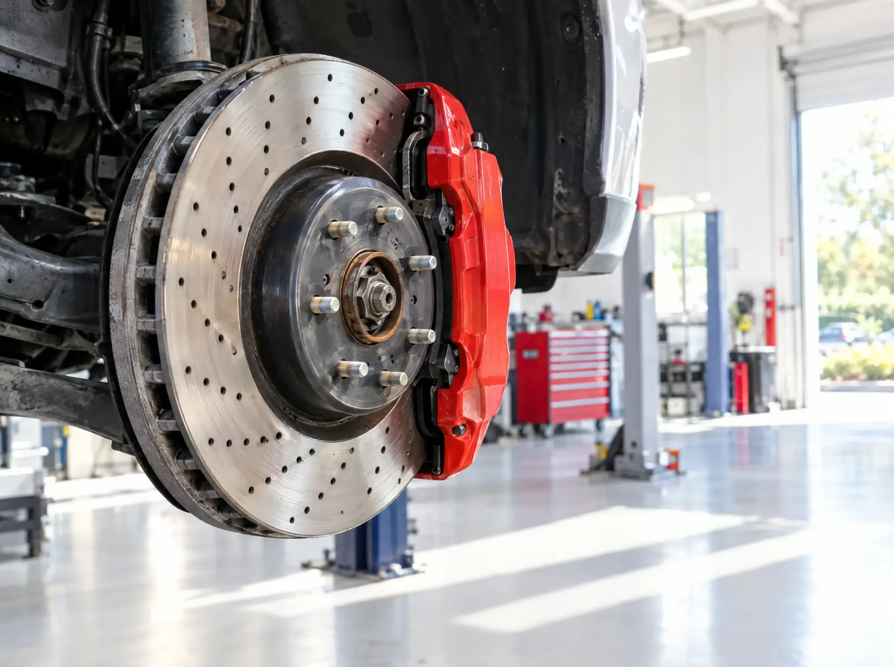 Brake disc and red caliper on a car with the wheel removed