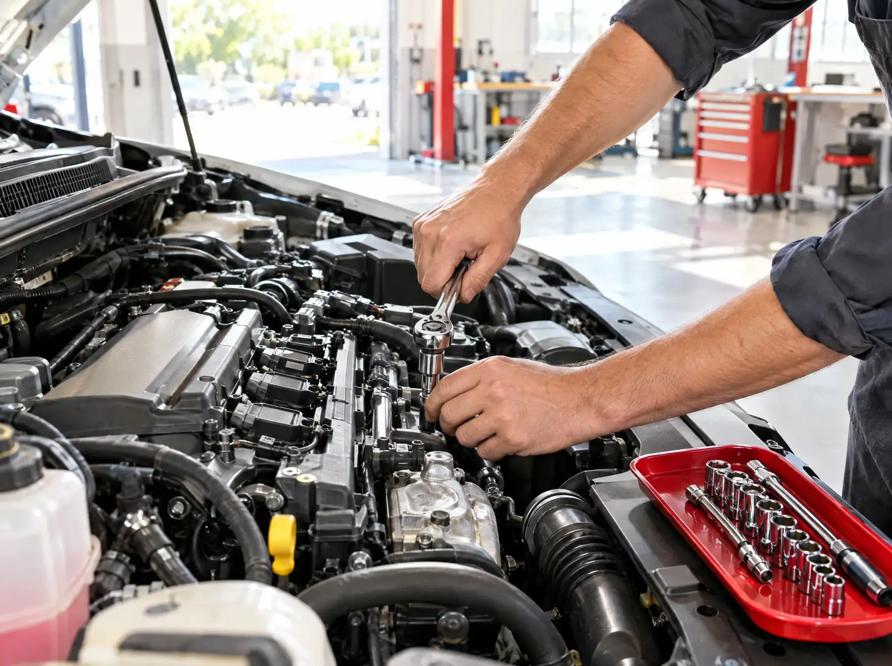 Mechanic working on an engine with a ratchet