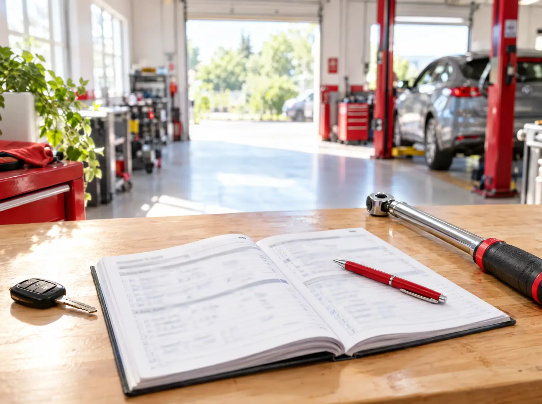 Open service logbook beside a car key and torque wrench