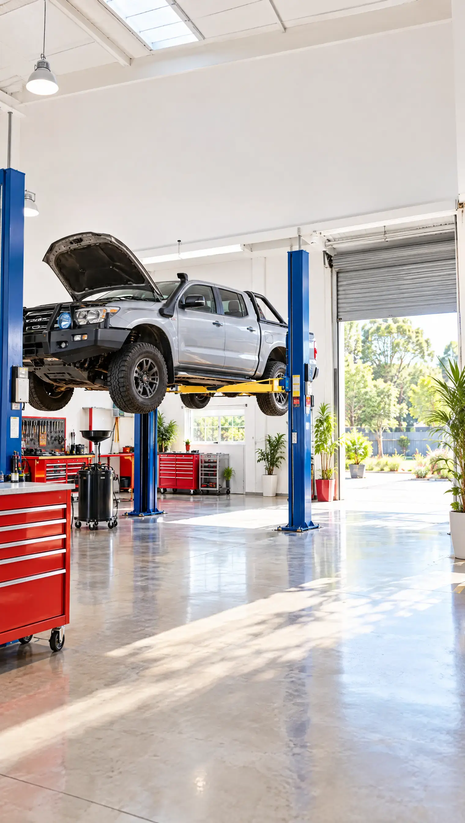 Dual-cab 4WD raised on a hoist in a bright, clean workshop