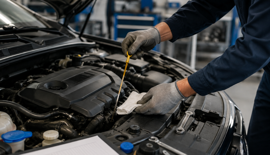 Mechanic performing routine vehicle maintenance inspection on a car engine